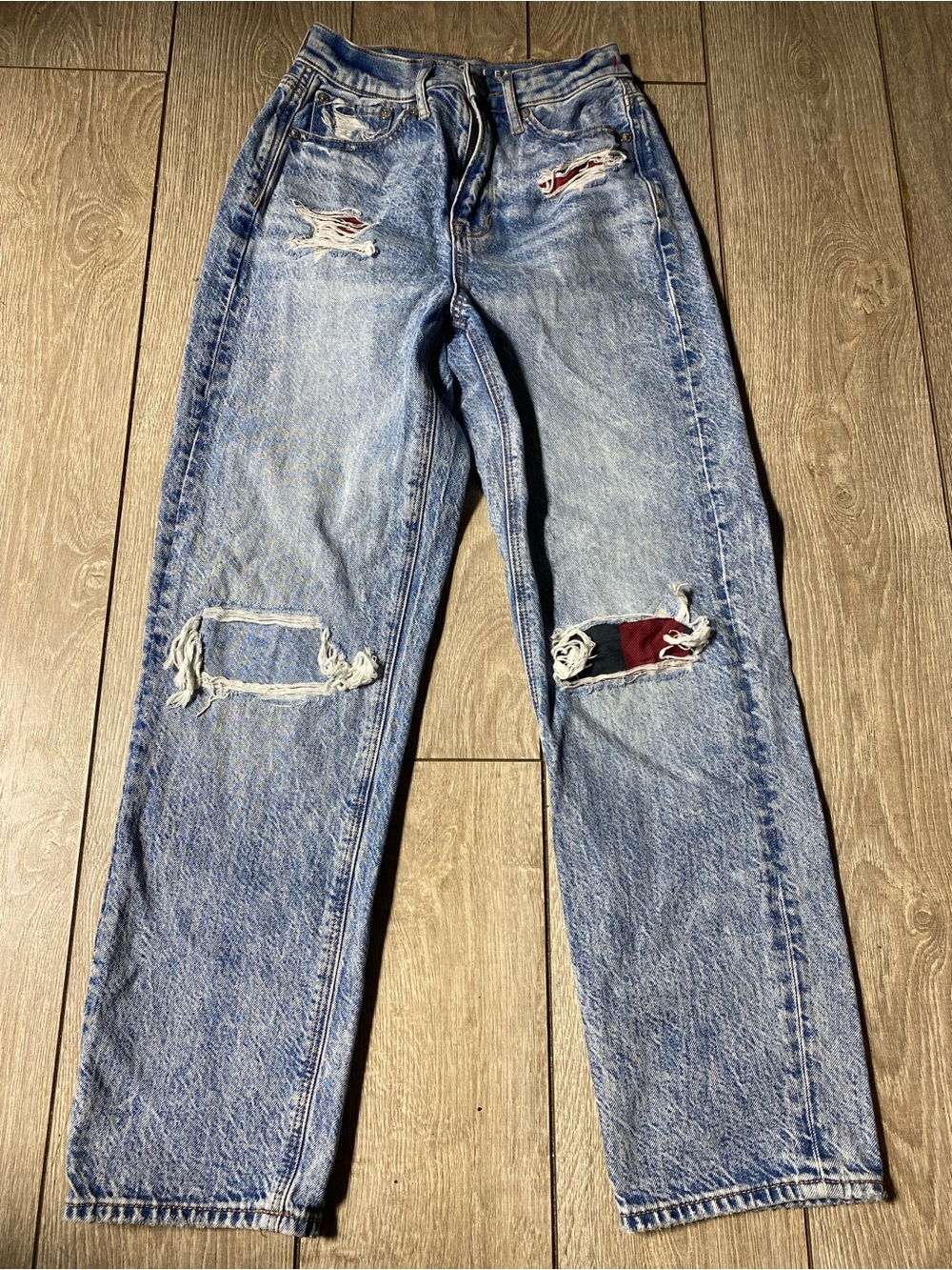 American Eagle Highest Rise 90s Boyfriend Jeans Distressed Plaid Patches Sz 00